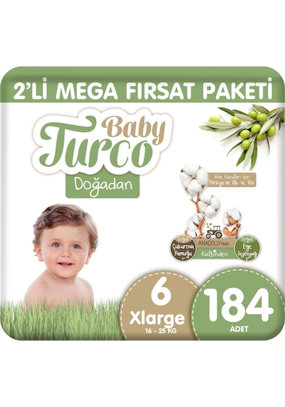 Baby Turco Doğadan 2'li Mega Fırsat Paketi Bebek Bezi 6 Numara 184 Adet 4'lü