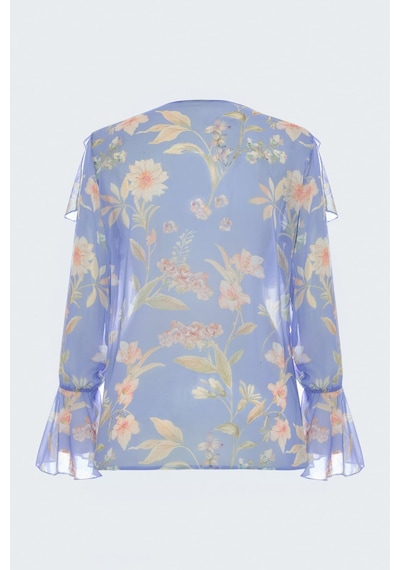 Sateen Fırfır Detaylı Desenli Gömlek - Mavi-137786