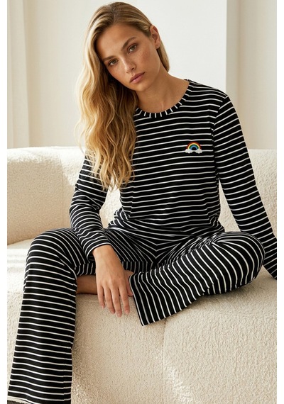 Siyah İnci Viskon Örme Pijama Takımı 26240305 Siyah