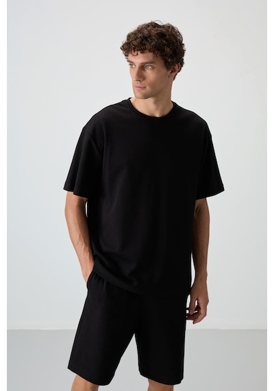 Siyah Pamuklu Kalın Yumuşak Dokulu Oversize Fit Basic Erkek Şort Takım - 85249 Siyah