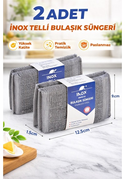 2 Adet Sihirli İnox Paslanmaz Telli Bulaşık Süngeri Güçlü Yağ Çözücü Metal Temizlik Süngeri