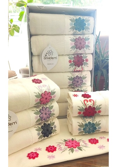 6.lı Set Annem 50x90 Cm. Özel Tafting Nakışlı Kadife Doku Çeyizlik Lüks Havlu Seti Beyaz Renkli