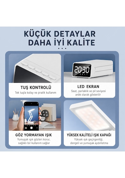 Katlanabilir Led Masa Lambası 3 Renk Işıklı, Dijital Saatli, 10000 Mah Şarjlı Bataryalı, Taşınabilir Beyaz Çalışma Lambası Renkli