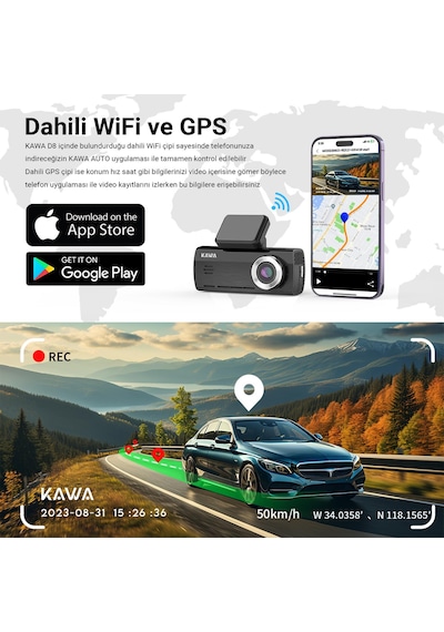 Kawa D8 2 Kameralı Ön / Arka 4k + 1080p Sony Starvis Sensörlü Türkçe Wi-fi Gps'li Araç Kamerası