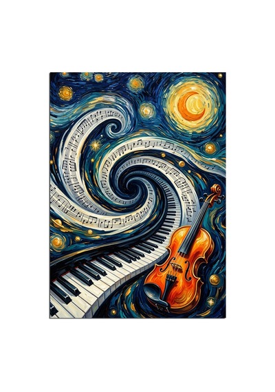 Piyano Ve Keman Ve Müzik Notalı Gece Dekoratif Kanvas - Mdf Ahşap Tablo Çok Renkli