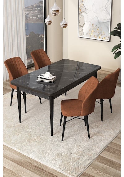 Canisa Arp Serisi, Siyah Mermer Desen Masa 71x110 Sabit Mutfak Masa Takımı, 4 Kiremit Sandalye Masa Siyah Mermer Desen Sandalye Kiremit Canisa Arp Serisi, Siyah Mermer Desen Masa 71x110 Sabit Mutfak Masa Takımı, 4 Kiremit Sandalye Masa Siyah Mermer Desen Sandalye Kiremit