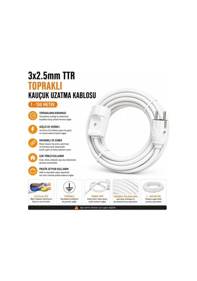 3x2.5mm Ttr Tekli Beyaz Topraklı Kauçuk Uzatma Kablosu 40 Metre