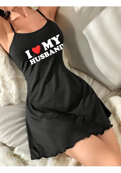 Sebalma Fashion I Love My Husband Yazılı Askılı Pamuklu Penye Gecelik Siyah