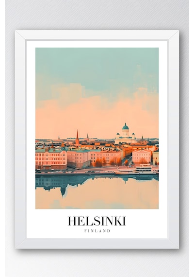 Helsinki Finland Vintage Seyahat Posteri Çerçeveli Tablo - Premium İskandinav Elit Duvar Dekoru Beyaz