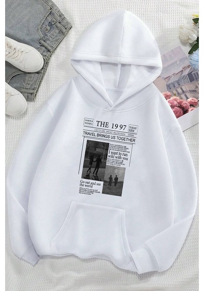 Uyguntarz Unisex The 1997 Travel Baskılı Sweatshirt beyaz
