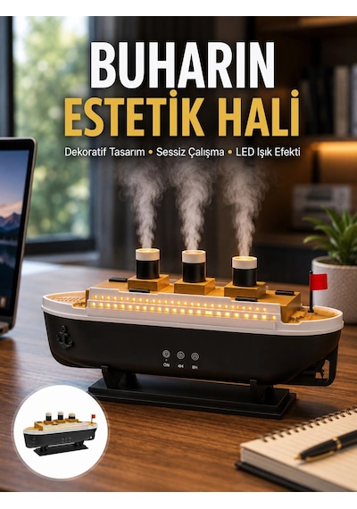 Hubrendy Tekno Dekoratif Gemi Modeli 7 Renk Işıklı Hava Nemlendirici Ve Oda Kokusu Difüzörü Yeni Nes