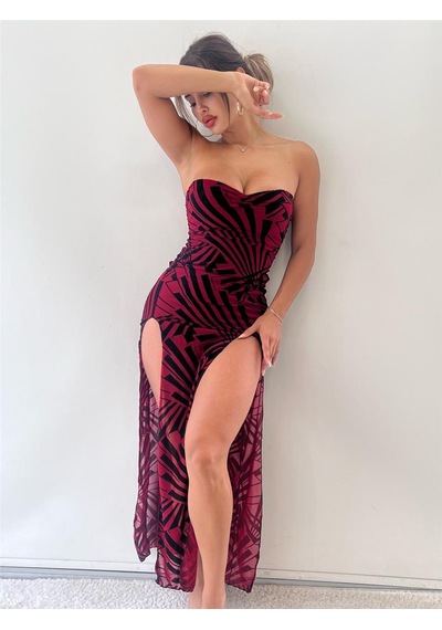 Pink Life Kırmızı Geometrik Desenli Flog Baskılı Astarlı Maxi Elbise-Kırmızı
