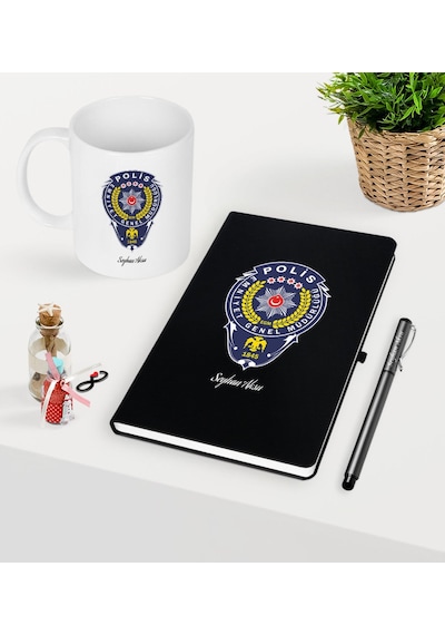Kişiye Özel Polis Temalı Siyah Defter Kalem Kupa Seti - 2 Siyah