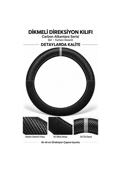Trobus Dacia Spring 2021-2025 Uyumlu Dikmeli Direksiyon Kılıfı Carbon Alkantara Karbon Desenli Gri