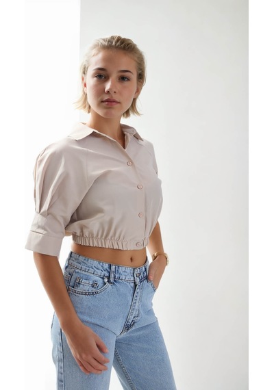 Vitrin Beli Lastikli Crop Gömlek Bej