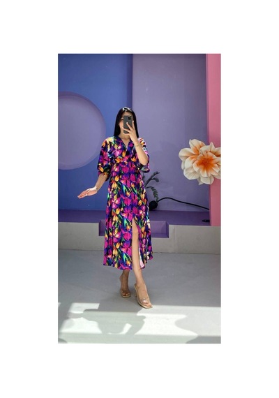 Moda Banuş Karışık Desenli Mor- Pembe Yırtmaçlı Elbise 3154