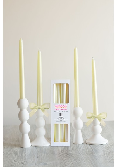 Sarı Neon Sedefli - Metalik Renk Konik Şamdan Mum - 4'lü Set Sarı