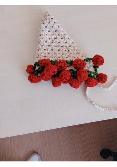 Gül Detaylı Pinterest Bandana Bej - Kırmızı