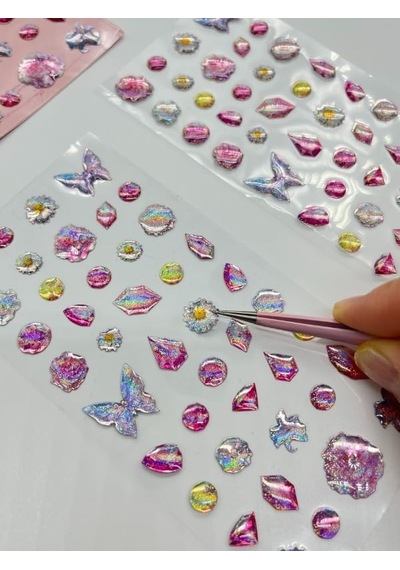 Holografik Çiçek Ve Kelebek Pembe Paket Tek Yaprak 42 Adet Taş Sticker Seti/etiket/çıkartma 1
