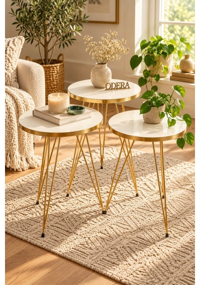 Odera Beyaz Oval Orta Sehpa Ve Yuvarlak Zigon Sehpa 4'lü Set Metal Ayaklı Retro Modern Salon Sehpası Beyaz - Altın