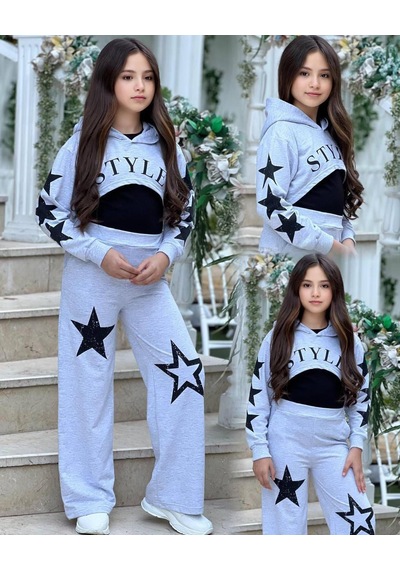 Star Style Kız Çocuk 3'lü Takım - 3/12 Yaş - 31517 Gri