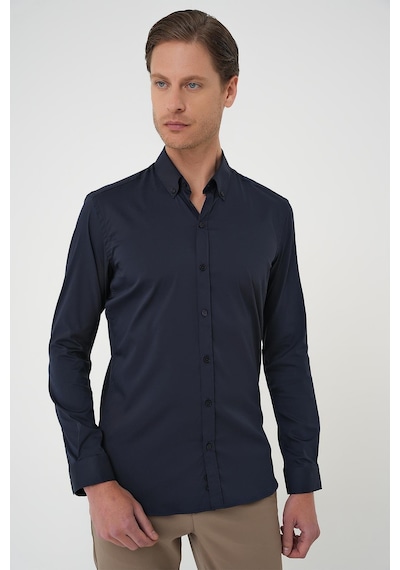 Efor Slim Fit Düğmeli Yaka Esnek Pamuk Klasik Lacivert Gömlek Gk 727 Lacivert