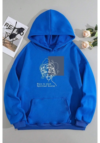 Uyguntarz Unisex Minimal Line Drawing Baskılı Sweatshirt Mavi