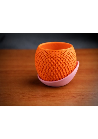 3d Baskı Küre Saksı - Kafes Dokulu İki Parçalı Dekoratif Saksı - Turuncu-pembe