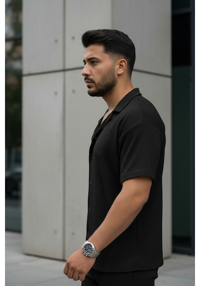 Fifty Color Unisex Trend Bürümcük Krinkıl Kumaş Yazlık Likralı Kısa Kol Gömlek Ve Eşofman Takım Siyah