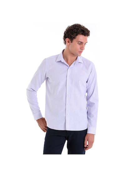 Hatemoğlu Lila Ç. Comfort Fit Çizgili Pamuklu Slim Yaka Uzun Kollu Casual G Lila