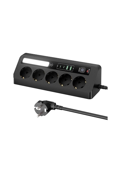 5 Li Akım Korumalı Priz 2500w 2 Usb + 2 Type-c Hızlı Şarj Led Gece Lambalı Dokunmatik Siyah Standart