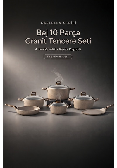 Yunusoğlu Home Castella Serisi Bej 10 Parça Granit Tencere Seti 4 Mm Kalınlık, Pyrex Kapaklı Bej