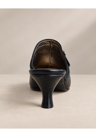 Yeo Leather Kadın Siyah Hakiki Deri Sivri Burun Tokalı Topuklu Terlik 6 Cm Neolit Taban