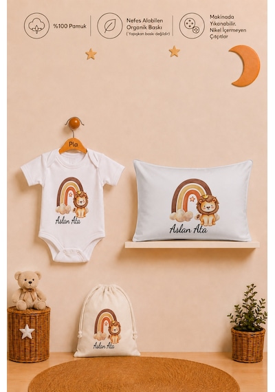 Pia Baby Erkek Bebek İsme Özel Hediye Seti %100 Pamuk Body Yastık Kılıfı Ve Ham Bez Bebek Kıyafet Kesesi 2014bykyx Ekru