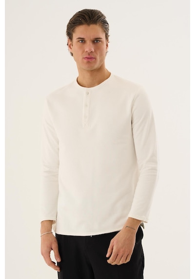 Alexandergardi Waffle Kumaş Düğmeli Yaka Uzun Kollu Sweatshirt Beyaz
