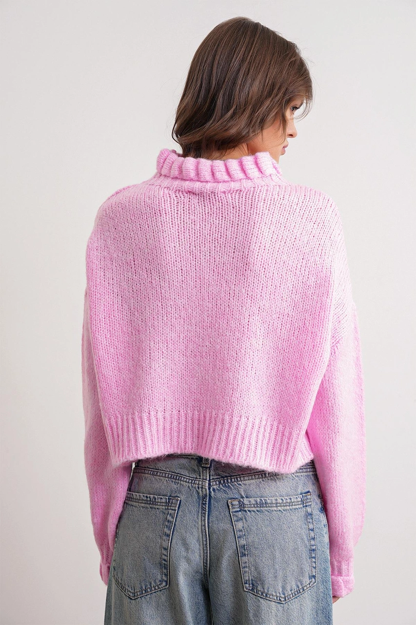 Mixray 6883 Kadın Fırfır Detay Crop Triko Kazak Pembe