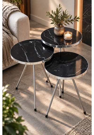 Sulorahome Gümüş Metal Ayaklı Siyah Mermer Desenli 3'lü Zigon Sehpa Takımı