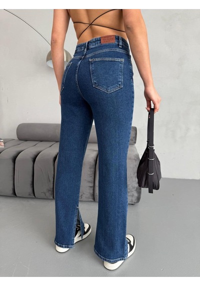 Yırtmaç Detaylı Boru Paça Dark Blue Lycra Jean Mavi+dark
