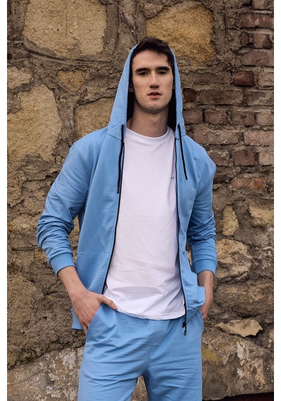 Erkek Kapüşonlu Fermuarlı Oversıze Sweatshırt Koyu Gri Mavi