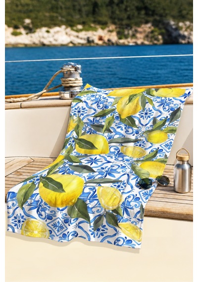 Limon Temalı Akdeniz Çini Plaj Havlusu - Tropikal Modern Mavi Sarı Hızlı Kuruyan Mikrofiber Havlu Gölgeli Mimoza Limon Temalı Akdeniz Çini Plaj Havlusu - Tropikal Modern Mavi Sarı Hızlı Kuruyan Mikrofiber Havlu Gölgeli Mimoza