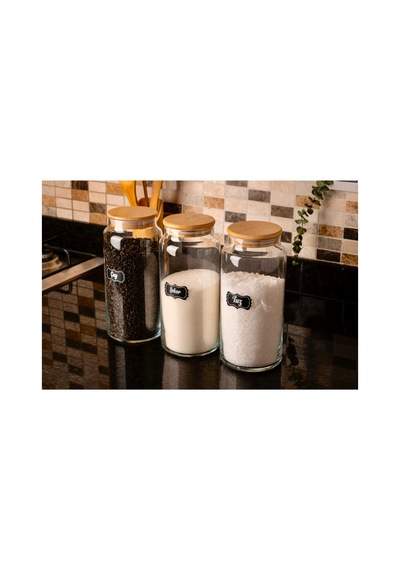 3 Lü 1300cc Bambu Kapaklı Cam Çay Şeker Tuz Kavanoz Seti Kavanoz Takımı Şeffaf Şeffaf