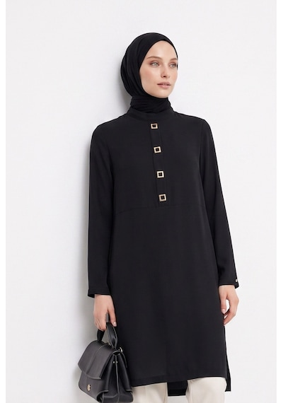 Armine Trend Metal Aksesuar Detaylı Hakim Yaka Tunik Siyah 26yt485