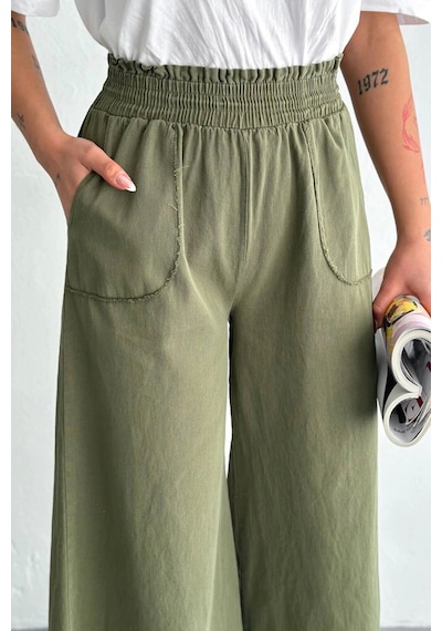 Meine Liebe Unterwäsche Kadın Bel Lastikli Cepli Bol Paça Kotonhaki Pantolon Haki