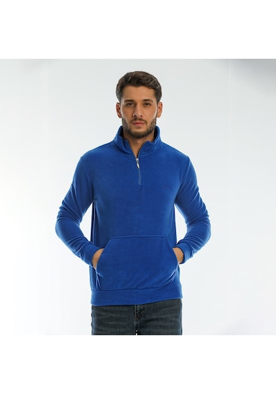 Slazenger SOLID IN Erkek Fermuarlı Dik Yaka Cepli Saks Mavi Polar
