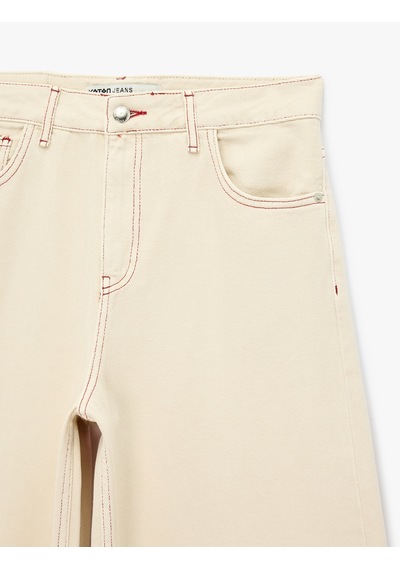 Koton Dikiş Detaylı Regular Fit Pamuklu Normal Bel Düz Paça Barrel Denim Pantolon - Barrel Jeans Ekru 7wal40058mw