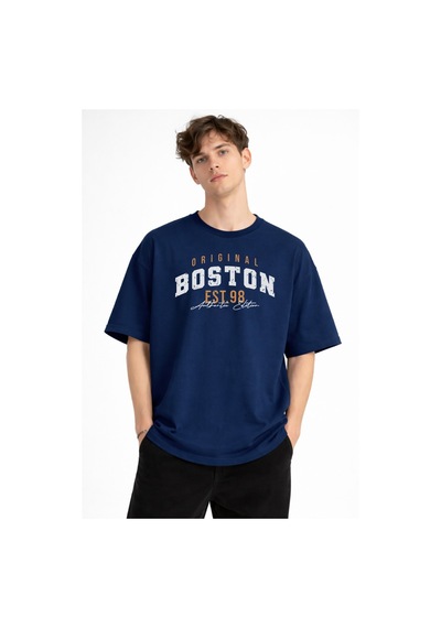 Misa Tahtakale Boston - Baskılı Oversize Tişört Lacıvert Çok Renkli