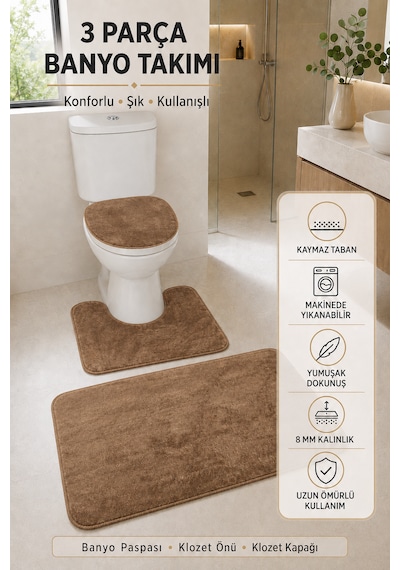 3 Lü Banyo Paspası Halısı Seti Kaymaz Tabanlı Yıkanabilir Klozet Takımı Açık Kahve