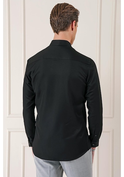 Efor Slim Fit Düğmeli Yaka Dokulu Pamuklu Klasik Siyah Gömlek Gk 717 Siyah