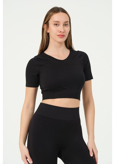 Kadın V Yaka Kısa Kollu Dikişsiz Esnek T-shirt Crop Top Siyah-l Altın - Beyaz