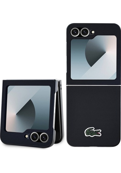 Galaxy Z Flip 6 Uyumlu Kılıf Lacoste Lisanslı Pu Pike Desenli Yüzey İkonik Timsah Dokuma Logo Siyah